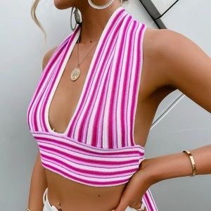 💕 Pink & White Tie Back Striped Knit Halter 💕
